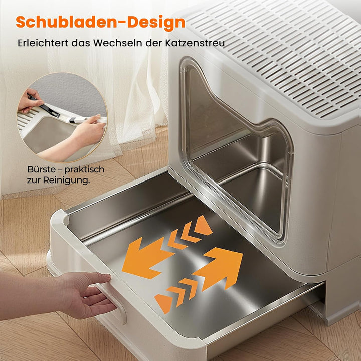 Katzentoilette, Edelstahl Katzenklo mit Deckel und ausziehbares Tablett, Hop in Katzenklo XXL mit Ka