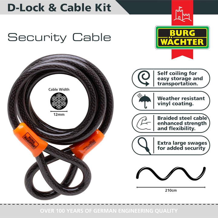 Burg Wächter 1600HB 1600 HB KIT Gold Sold Secure Fahrrad-D-Schloss, schwarz, grosses 2,1 m langes Ka