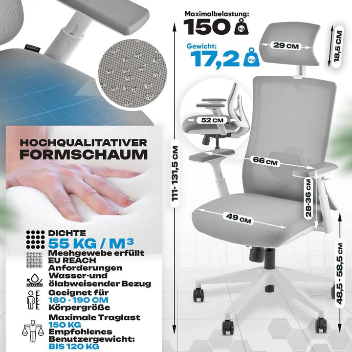VALKENSTOL M3 Pro Ergonomischer Bürostuhl 150 kg Grau – [Höhenverstellbare Lordosenstütze] Schreibti