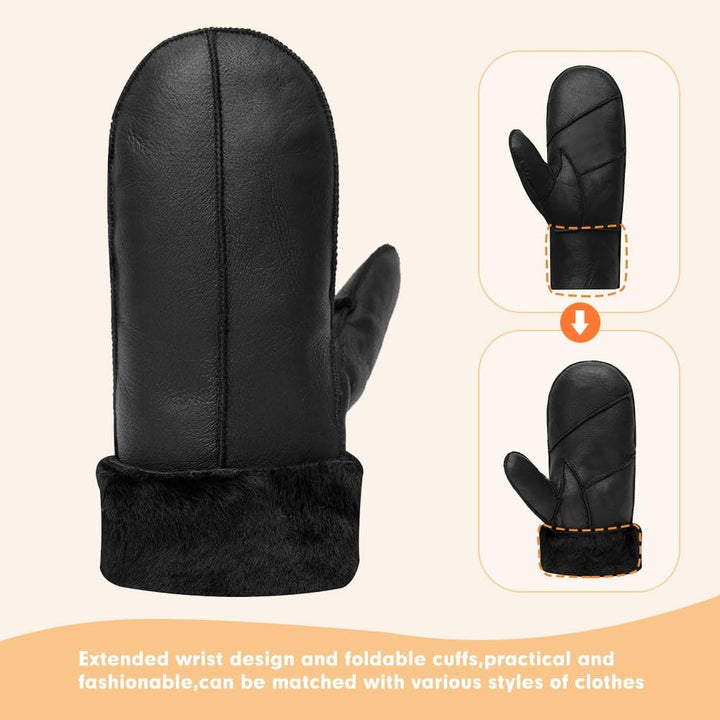 MGGMOKAY Damen Lammfell Shearling Fäustlinge Warme Winter Lederhandschuhe XS Schwarz, XS Schwarz