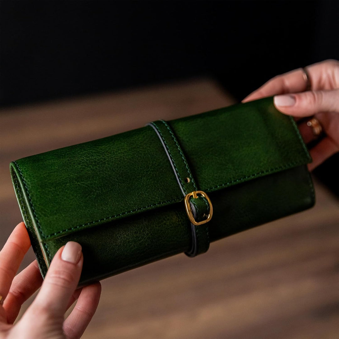 Time Resistance Grün Leder Schmuck Organizer – 100% Leder Schmuckrolle für Reisen Hergestellt in Ita