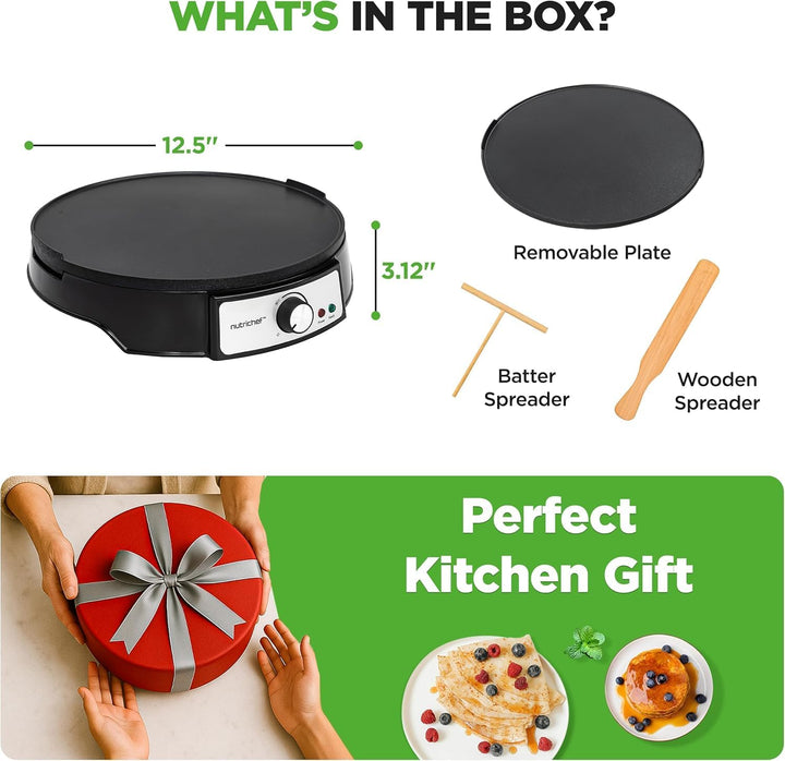 NutriChef Crepes Maker 30 cm mit Abnehmbarer Wendeplatte - Antihaft Oberfläche, LED Anzeige und Temp