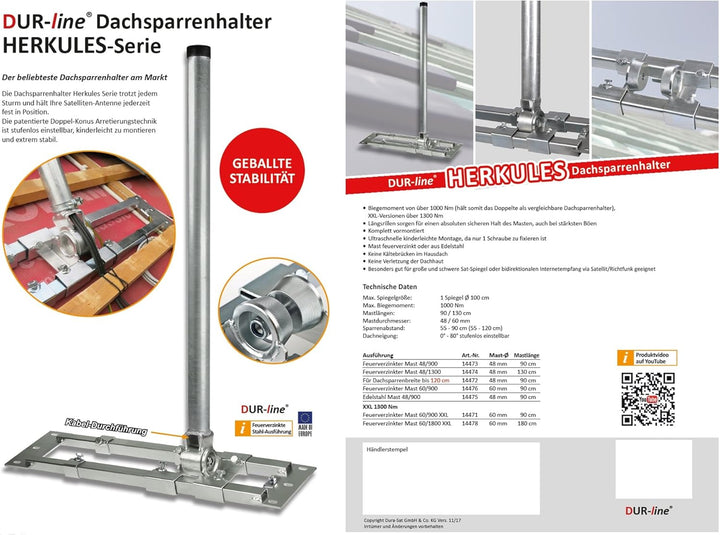 Dachsparrenhalter - DUR-line® Herkules E48-900 Edelstahl - über 1000Nm - Breite: 55 - 90 cm, Masthöh