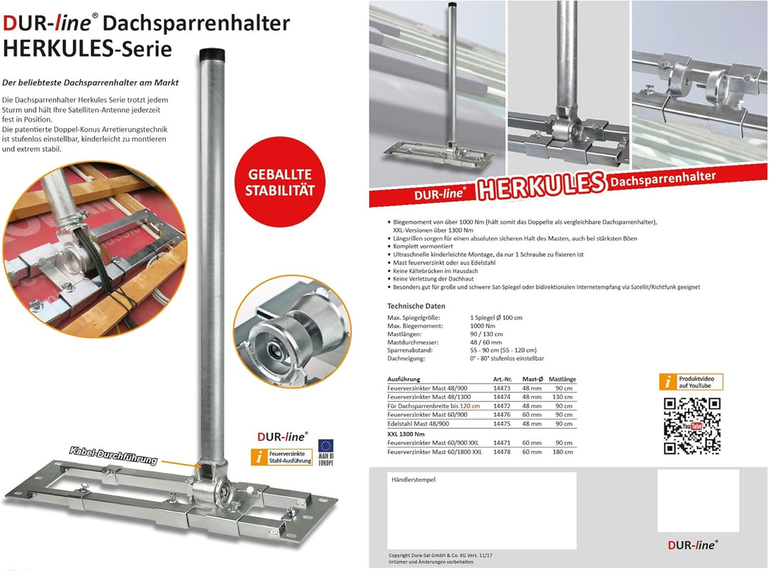 Dachsparrenhalter - DUR-line® Herkules S48-900 B - über 1000Nm - Breite: 90 - 120 cm, Masthöhe: 90 c