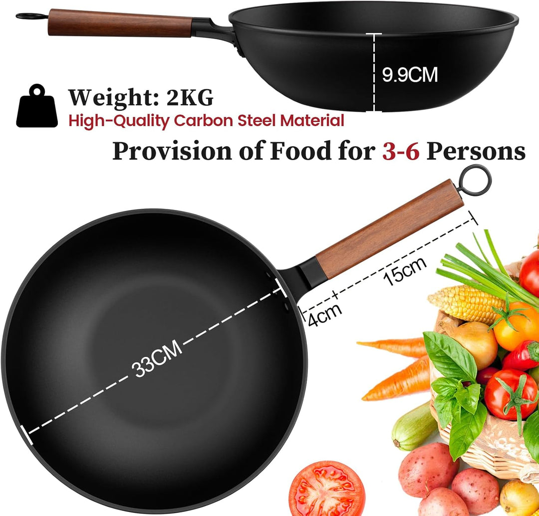 Jobin 33cm/13inch Premium Wokpfanne mit Glasdeckel - Kohlenstoffstahl Wok ohne chemische Beschichtun