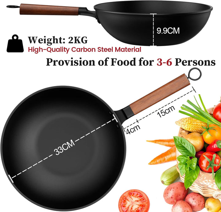 Jobin 33cm/13inch Premium Wokpfanne mit Glasdeckel - Kohlenstoffstahl Wok ohne chemische Beschichtun