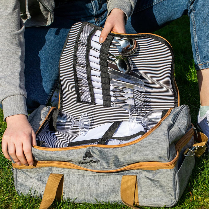 CampFeuer Picknicktasche für 4 Personen | Picknickset 20-teilig | Grau | Kühltasche mit Seitenfächer