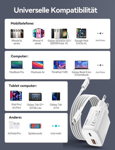 TECKNET 45W USB C ladegerät, 2-Port (1 USB C+1 USB) GAN Ⅲ Netzteil mit einen USB C auf USB C Ladekab