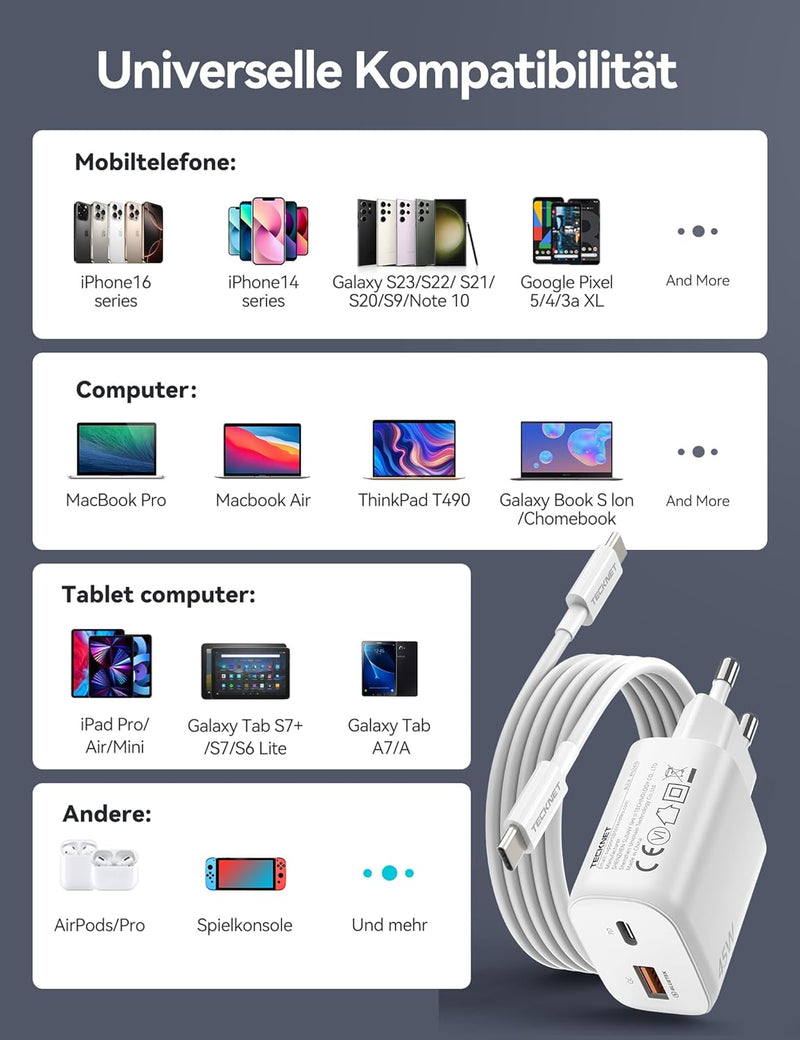 TECKNET 45W USB C ladegerät, 2-Port (1 USB C+1 USB) GAN Ⅲ Netzteil mit einen USB C auf USB C Ladekab