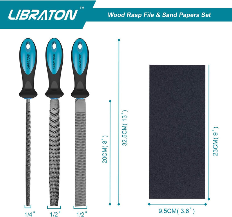 LIBRATON Holzraspeln 3 tlg, Feilensatz, inkl Flachfeile Halbrundfeile Rundfeile 200mm und 28pc Schle