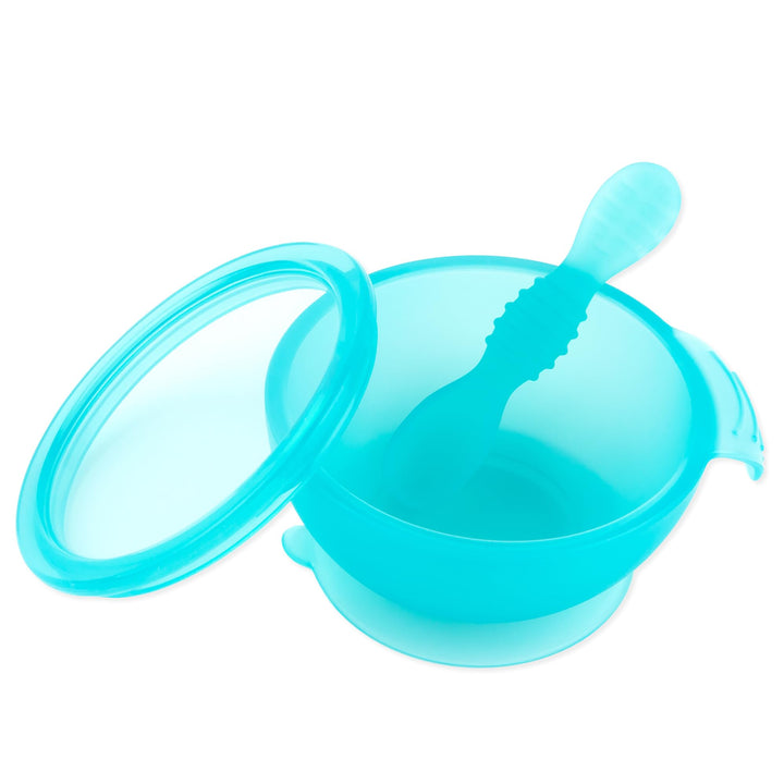 Bumkins - Erstes Baby Fütterungsset aus Silikon mit Saugnapf, Deckel und Löffel, Blau Jelly Blue Jel
