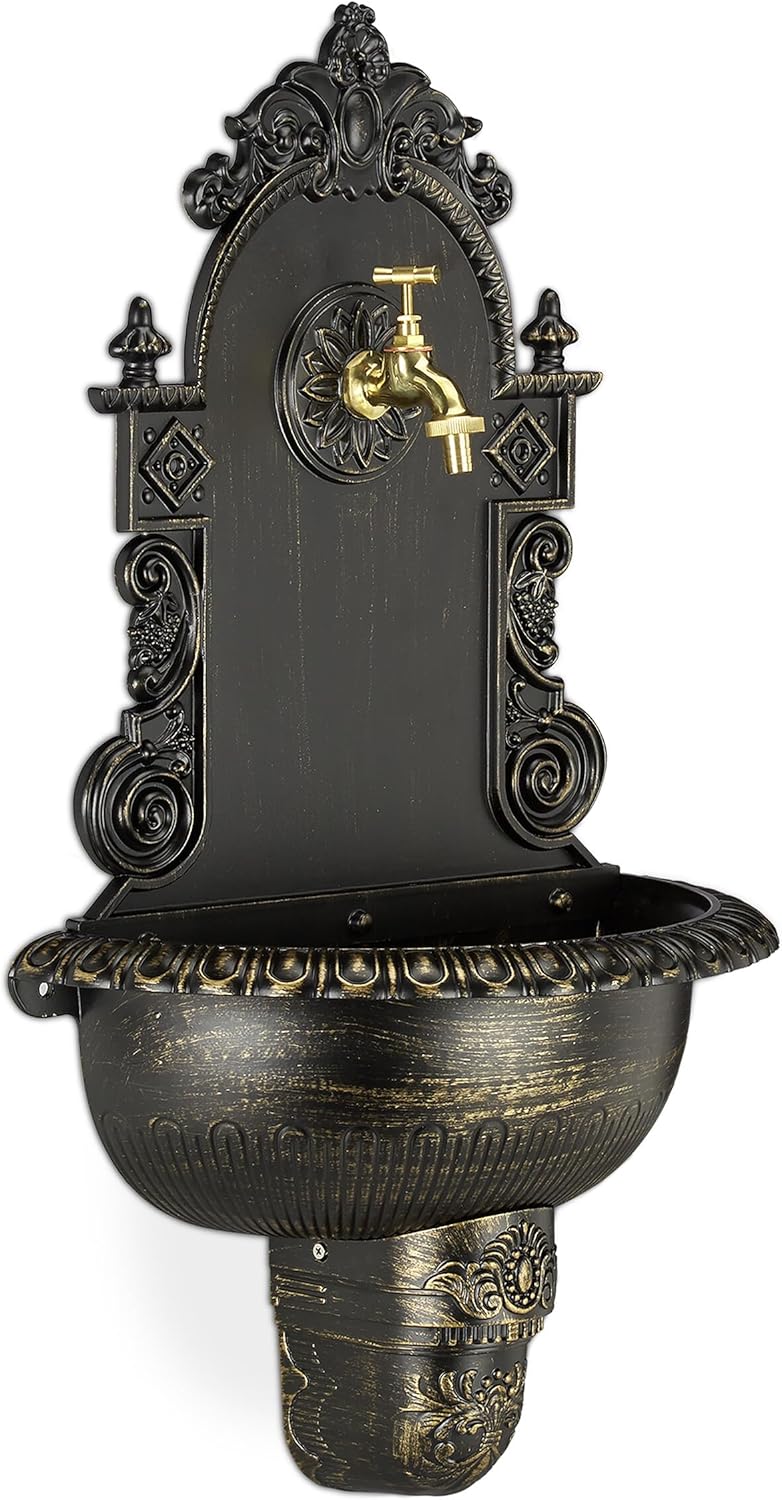 Relaxdays XL Wandbrunnen antik, mit Wasserhahn, nostalgisch, Waschbecken Garten, Aluguss, HBT 75 x 4