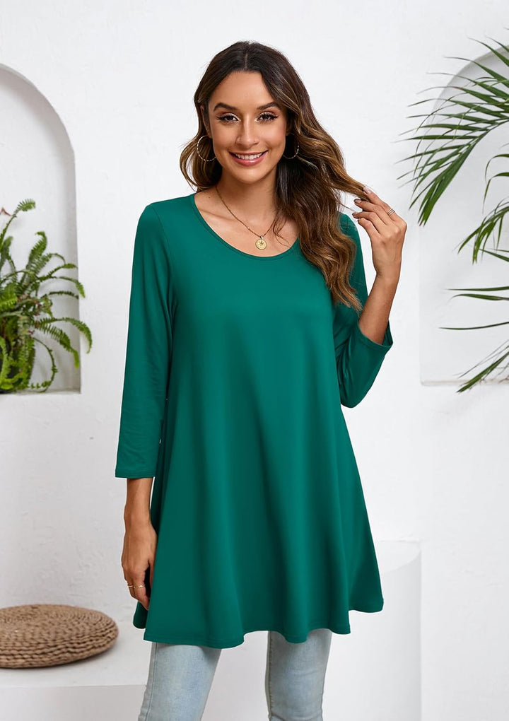 Enmain Damen Tunika Shirt Langarm/Kurzarm Bluse mit Blumen Longshirt Casual Elegante 3/4 Ärmel Rundh