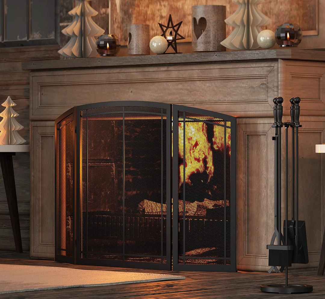 FireBeauty Kaminbesteck Set 5 Stück Schmiedeeisen Feuerstelle Schürhaken Halter 78,7 cm H (Schwarz),