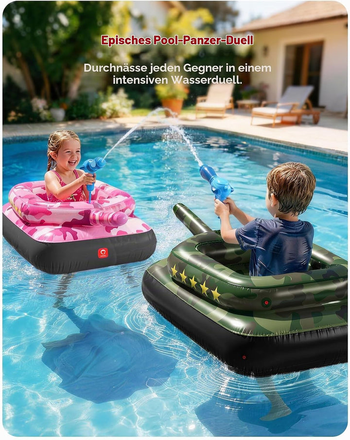 QPAU Kinder-Panzer-Pool-Schwimmring mit Wasserkanone, 0,35 mm extra dicke aufblasbare Pool-Spielzeug