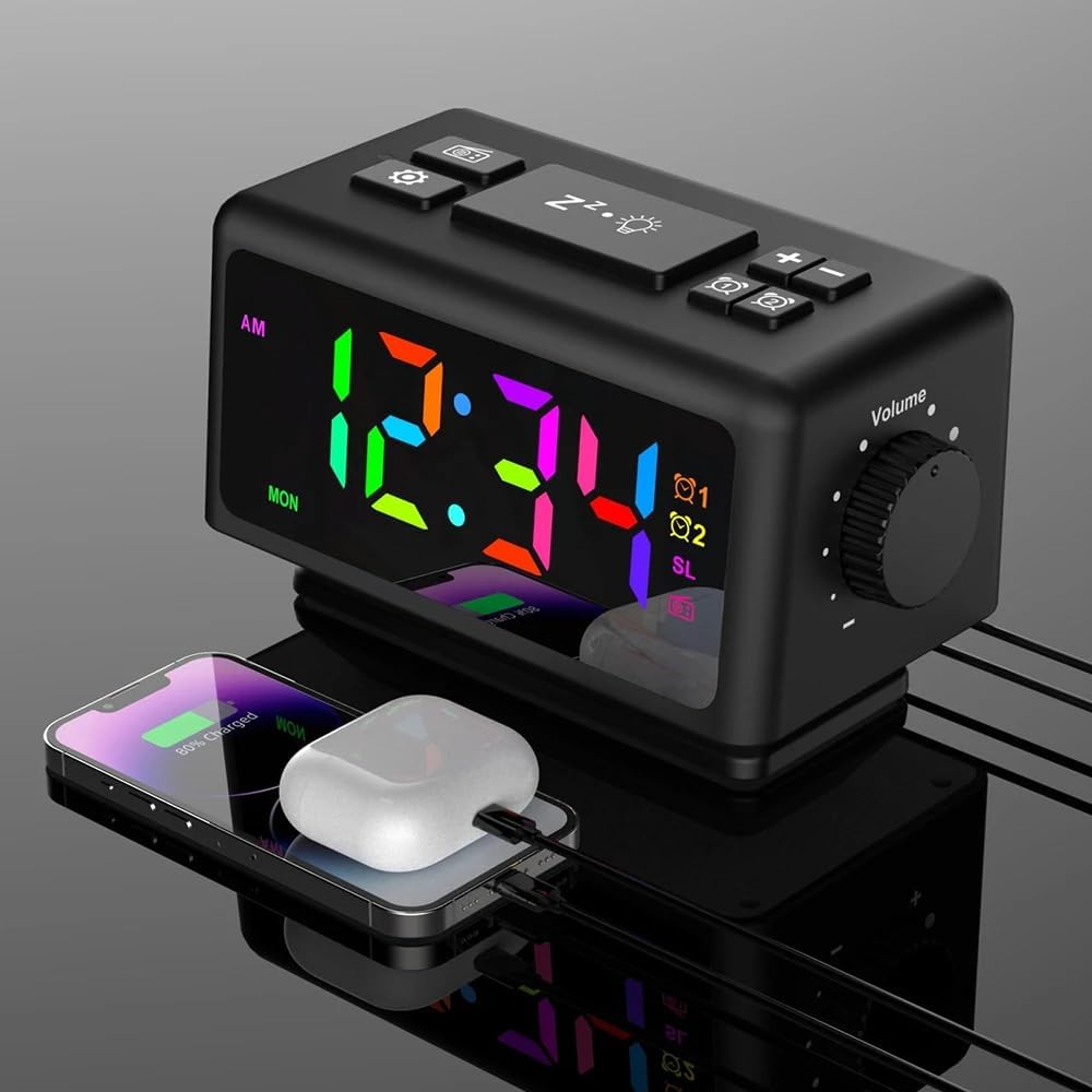 DollaTek RGB Digitalwecker UKW Radiowecker mit 2 USB Anschlüssen Sleep Sound Maschinen mit Timer Sch