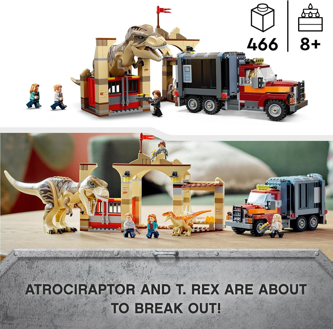 LEGO 76948 Jurassic World T. Rex & Atrociraptor: Dinosaurier-Ausbruch, Set mit LKW und 4 Minifiguren