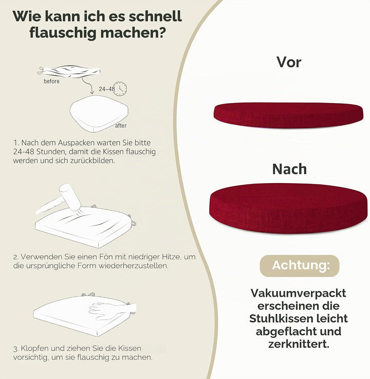 AddGrace Runde Sitzkissen für Esszimmerstühle 2er-Pack 40x40cm Rot | Strukturiertes Kunstleinen, abn