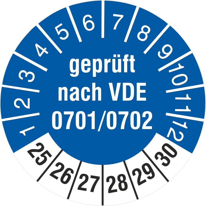 2500 Prüfetiketten 18 mm Geprüft nach VDE 0701/0702 2025 bis 2030 Prüfplaketten 2500 18mm Durchmesse