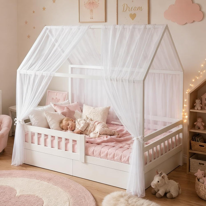 Hausbett Himmel Set, 2 Stück Hausbett Himmel für Kinderbett, 150 x 350 cm, Leichte Atmungsaktive Sto