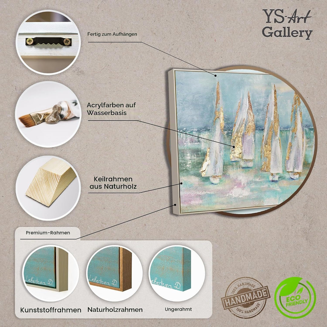 YS-Art Abstrakt Acryl Gemälde auf Leinwand handgemalt Segelboote Wandbilder Wohnzimmer moderne blaue