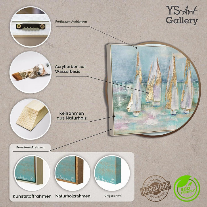 YS-Art Abstrakt Acryl Gemälde auf Leinwand handgemalt Segelboote Wandbilder Wohnzimmer moderne blaue