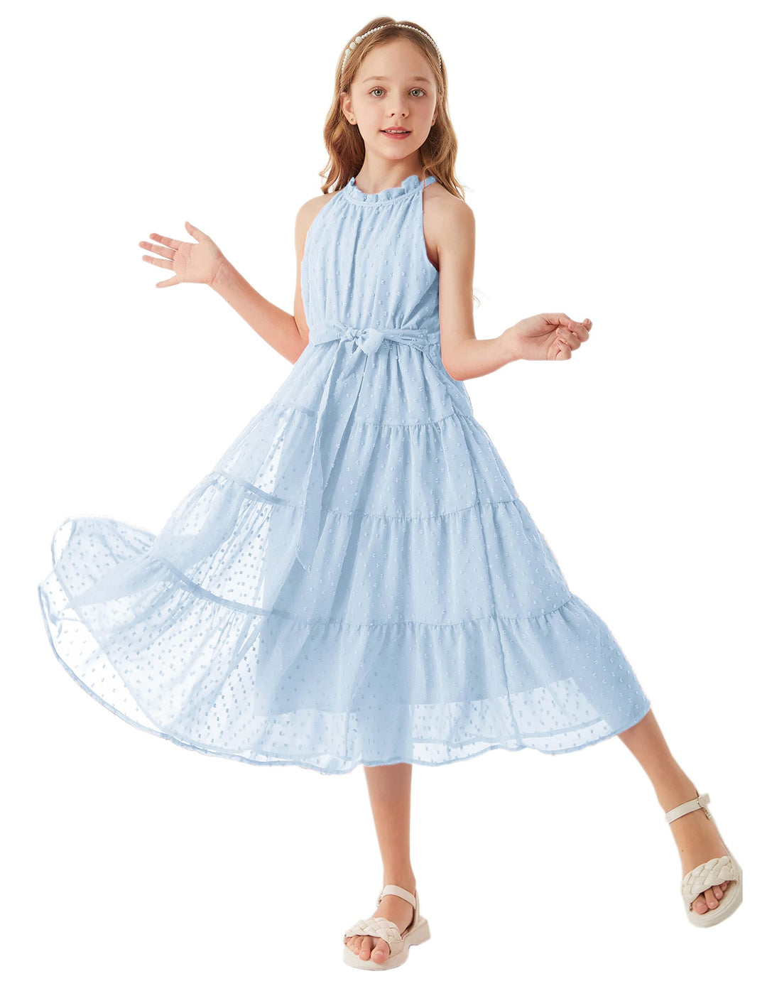 GRACE KARIN Mädchen Prinzessin Kleider Neckholder Swiss Dot Kleid A-Linie Maxikleid Casual Party Fes