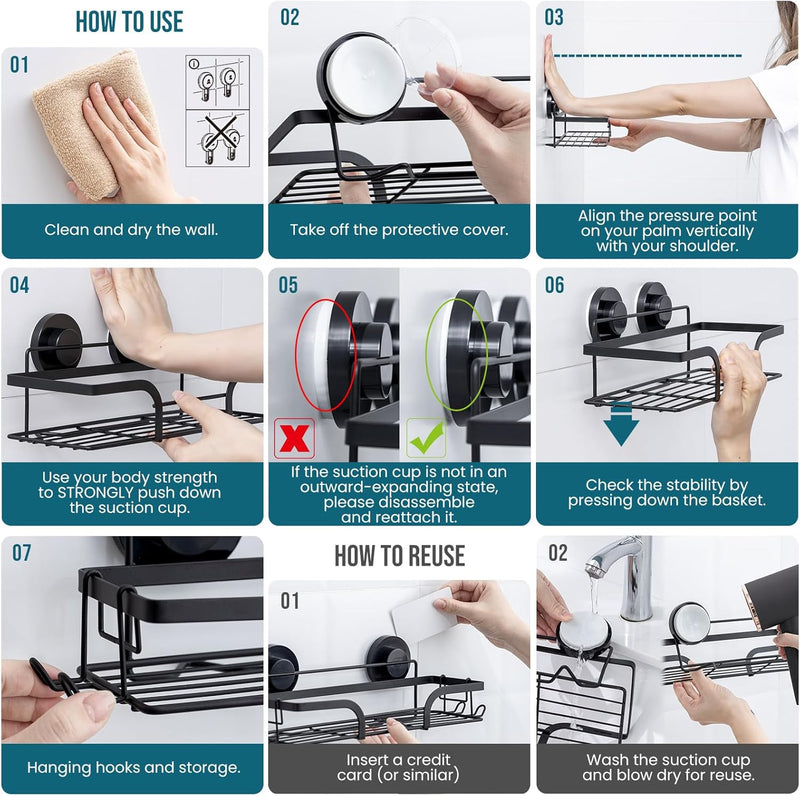 TAILI Duschablage Ohne Bohren, Einstellbar Dusche Caddy Saugnapf 2er Set Dusche Zubehör mit Haken Ro