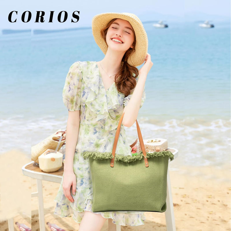 CORIOS Damen Canvas Handtasche Sommer Strand Tasche Grosse Schultertasche Böhmische Tote Beutel Bunt