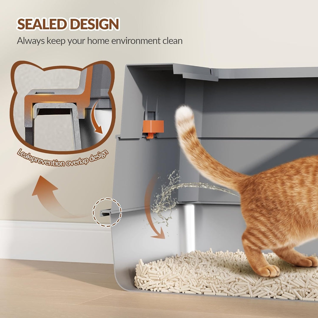 Edelstahl Katzenklo mit Deckel, XXXL Geschlossene Metall Katzentoilette, 70 x 50 x 45 cm, 105° Klapp