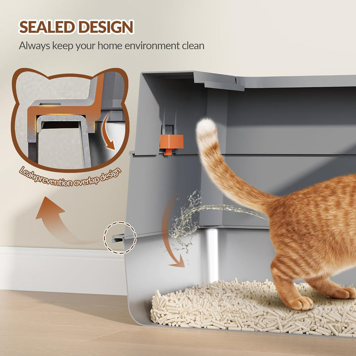 Edelstahl Katzenklo mit Deckel, XXXL Geschlossene Metall Katzentoilette, 70 x 50 x 45 cm, 105° Klapp