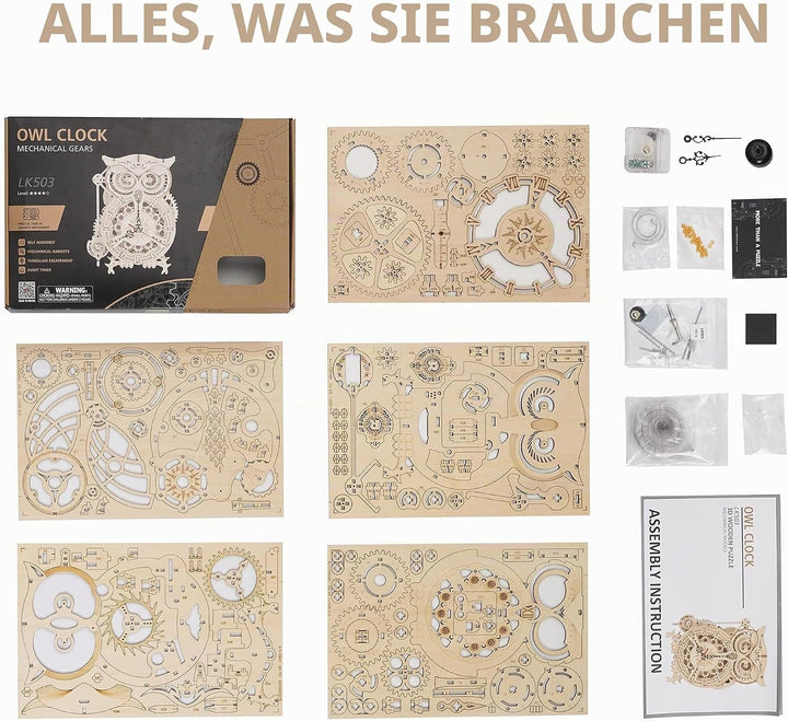Robotime 3D Puzzle Holz Eule Uhr, Hölzerne Mechanische Modellbausatz für Erwachsene, Handwerk Holzba
