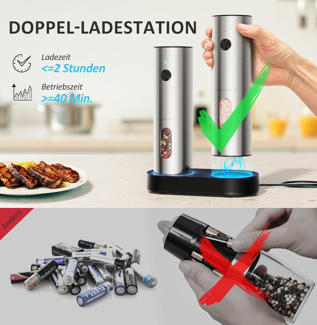WONMAKE Salz und Pfeffermühle Elektrisch, Elektrische Pfeffermühle Mühle Set Edelstahl mit USB-C Dua
