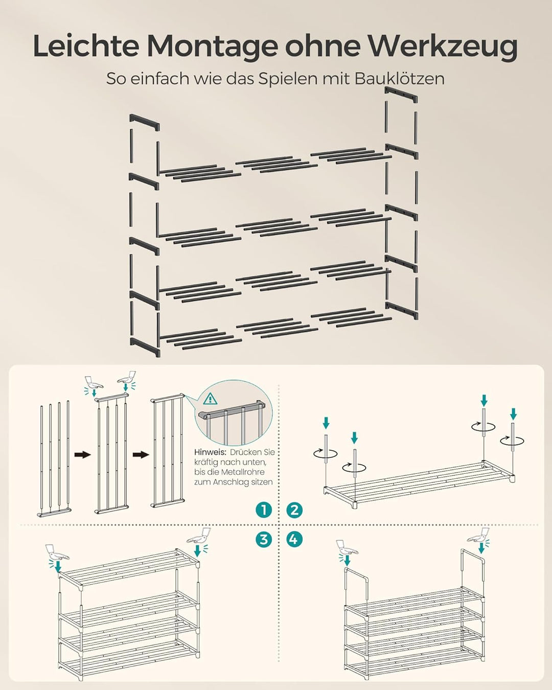 SONGMICS Schuhregal 4 Ebenen, Schuhständer Metall, Schuhaufbewahrung, Schuh-Organizer, aufrecht oder