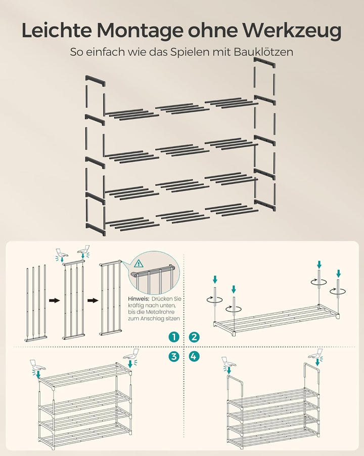 SONGMICS Schuhregal 4 Ebenen, Schuhständer Metall, Schuhaufbewahrung, Schuh-Organizer, aufrecht oder