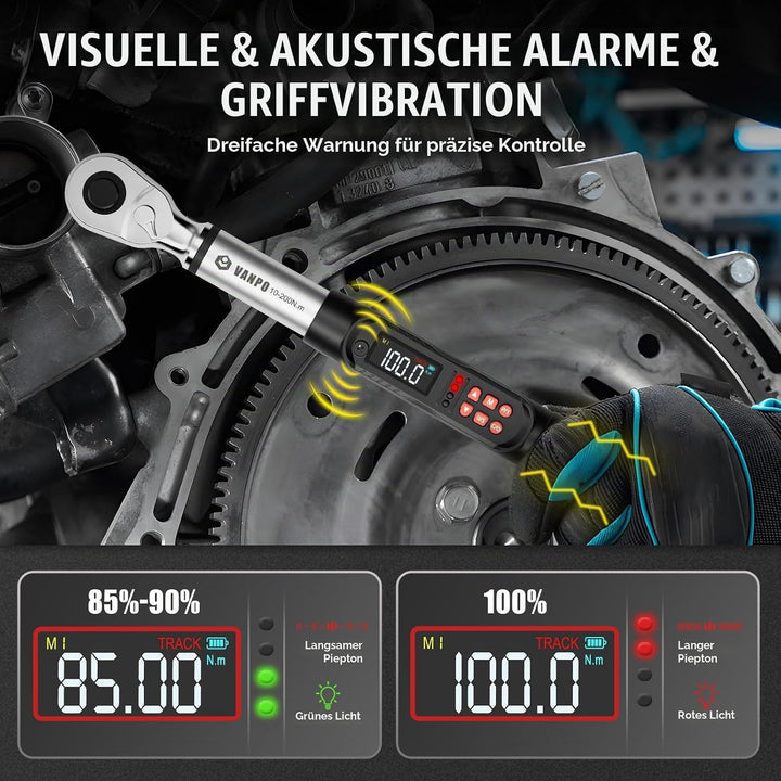 VANPO Digitaler Drehmomentschlüssel 1/2 Zoll Set, 10-200 Nm Drehmomentschlüssel Auto mit LCD-Display