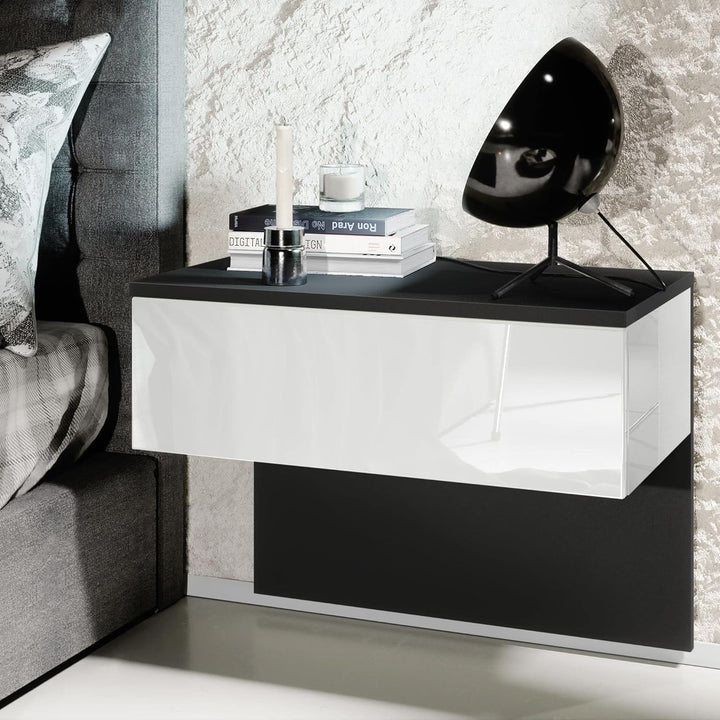Vladon Nachttisch Sleep, Nachttischschrank mit Schublade zur Wandmontage, Schwarz matt/Weiss Hochgla