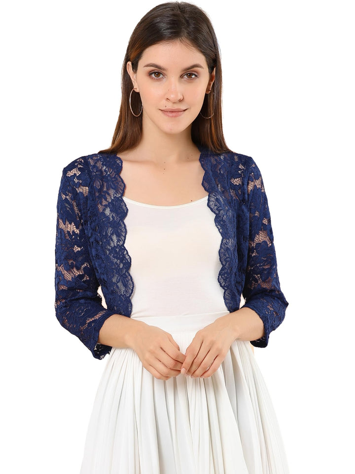 Allegra K Elegantes Damen-Oberteil mit 3/4-Ärmeln, durchscheinend, florales Spitzenoberteil M Navy,