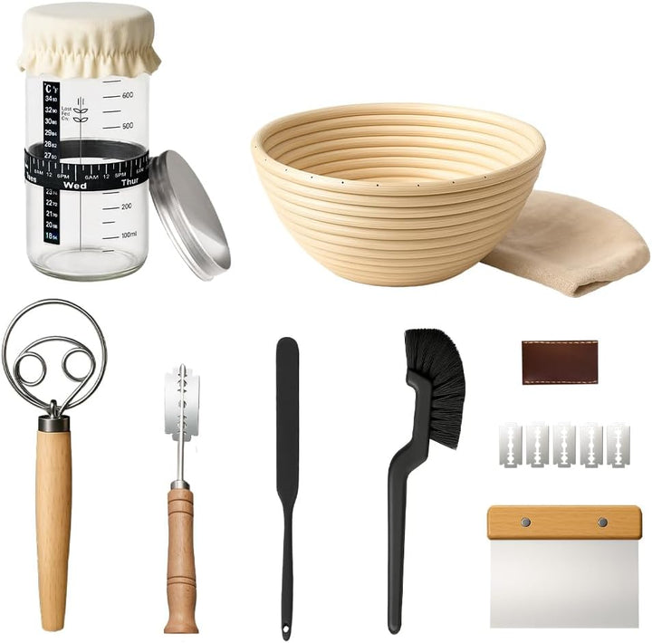 MikaMax Sauerteig Starter Set 10-teilig - Gärkorb Brot Set rund - Brotbackzubehör Komplettset - Brot