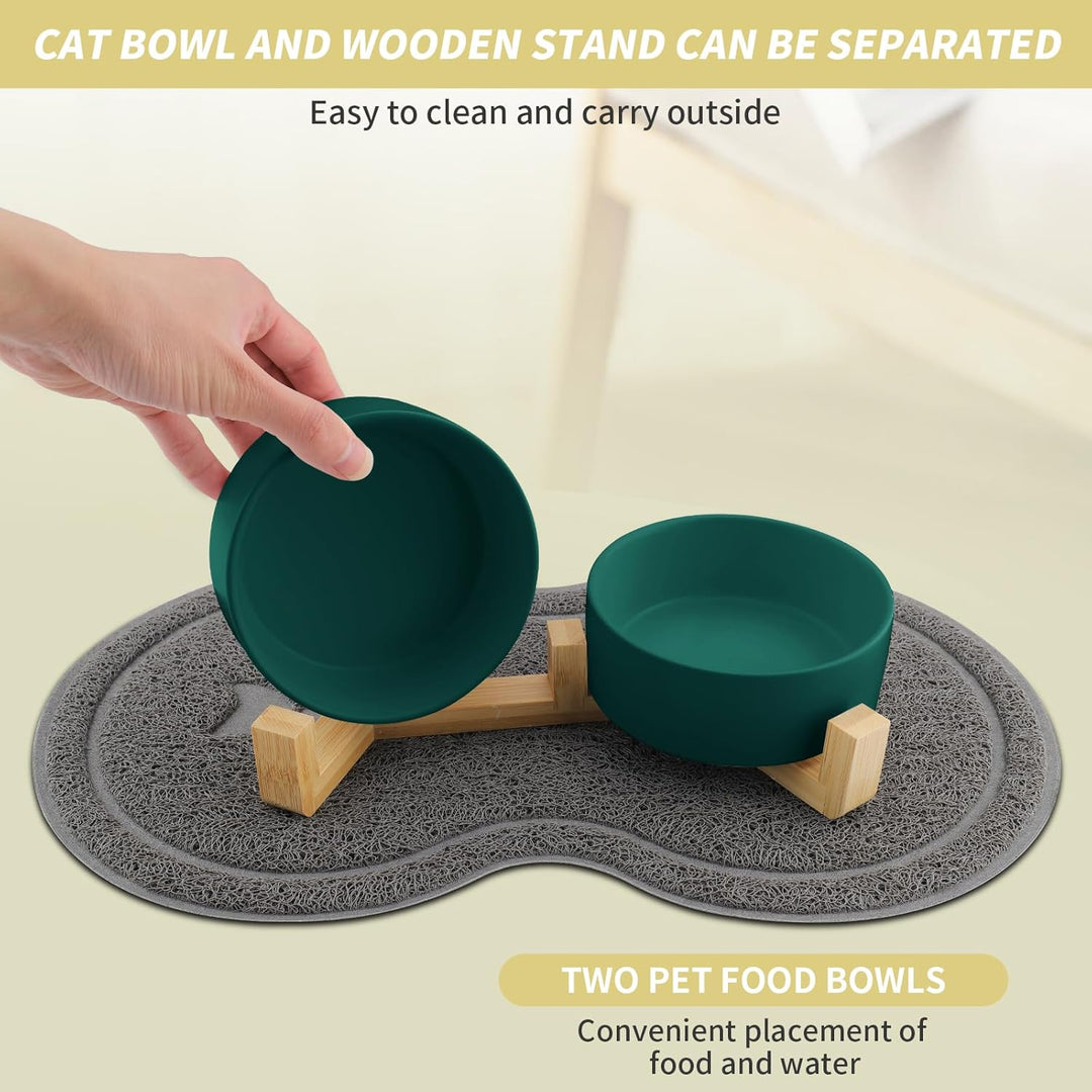 Katzennapf, 2 Stück Keramik Futternapf Katze Set, 3-in-1 rutschfeste Katzennäpfe mit Holzstände und
