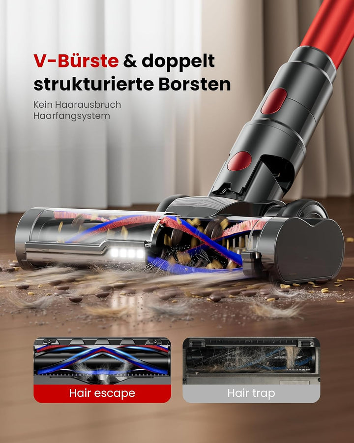Akku Staubsauger 50KPa/600W/70Min, 1,8L Grosser Staubsauger Kabellos LED Display, Anti-Tangle-Bürste