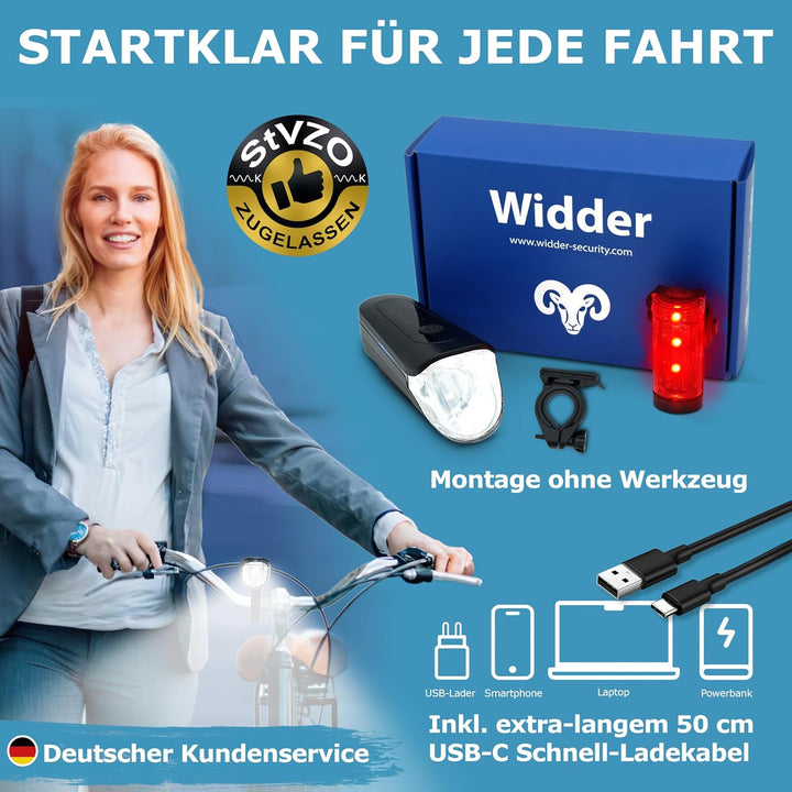 WIDDER Fahrradlicht Set Vorne und Hinten [StVZO zugelassen, extrem hell 170 Lum] – Fahrrad Licht USB