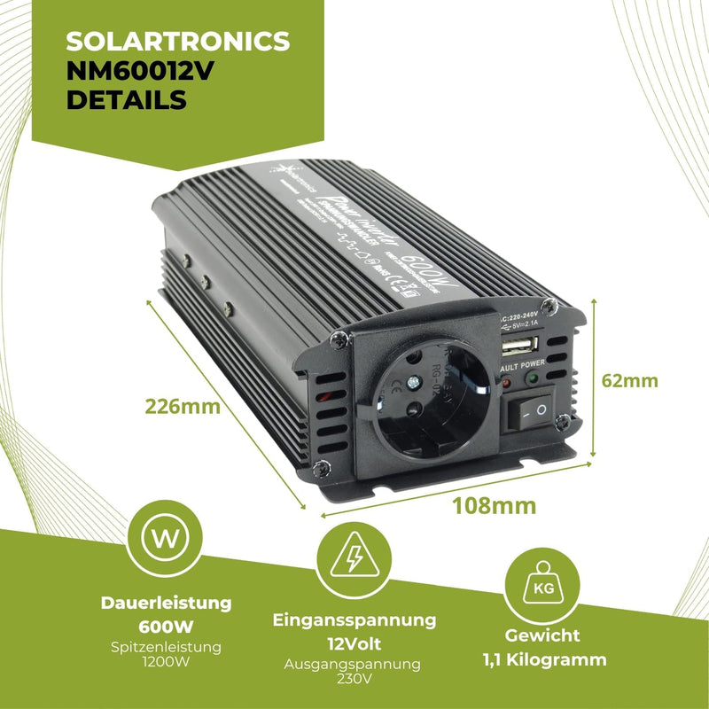 solartronics Spannungswandler Wechselrichter Intverter NM 600-1200 Watt 12V zu 230V schwarz USB Schu