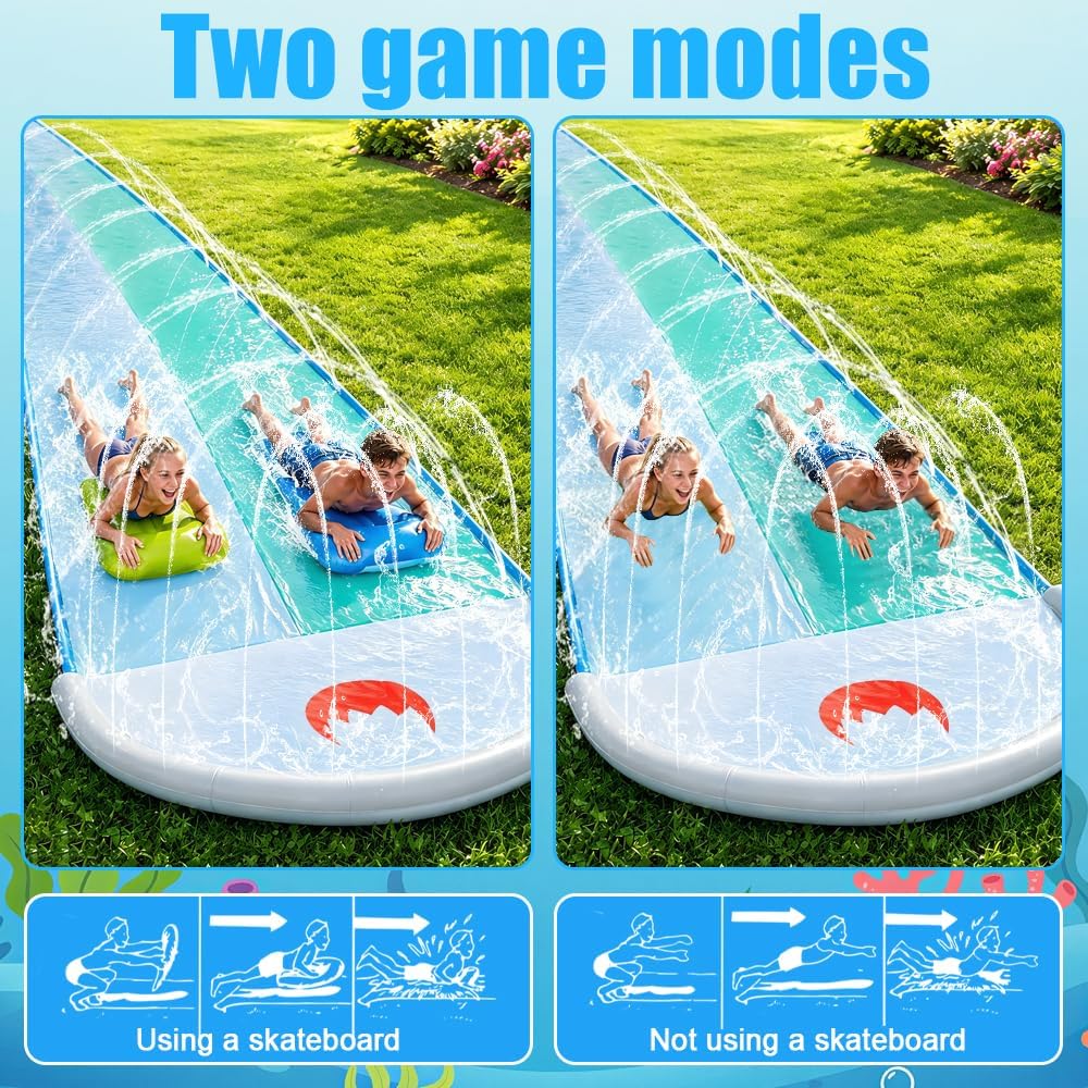 Mineup Wasserrutsche Garten, 550 * 140CM Wasserrutschmatte mit 2 Bodyboards, Doppelrutsche mit Einge