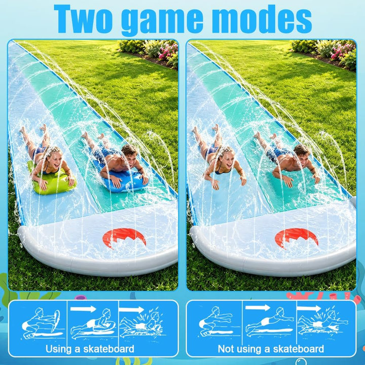 Mineup Wasserrutsche Garten, 550 * 140CM Wasserrutschmatte mit 2 Bodyboards, Doppelrutsche mit Einge
