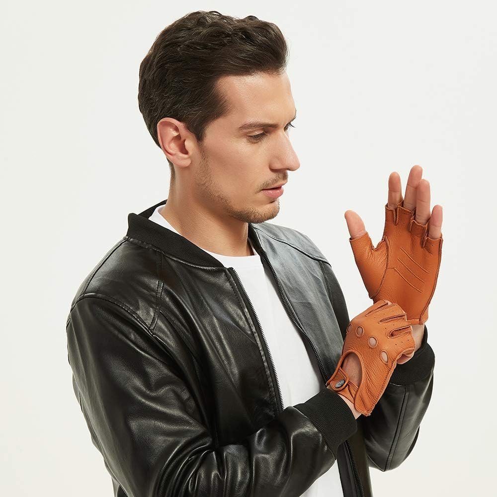 Herren Fingerlose Lederhandschuhe Hirschleder Halber Finger Ungefüttert Motorrad Outdoor Autohandsch