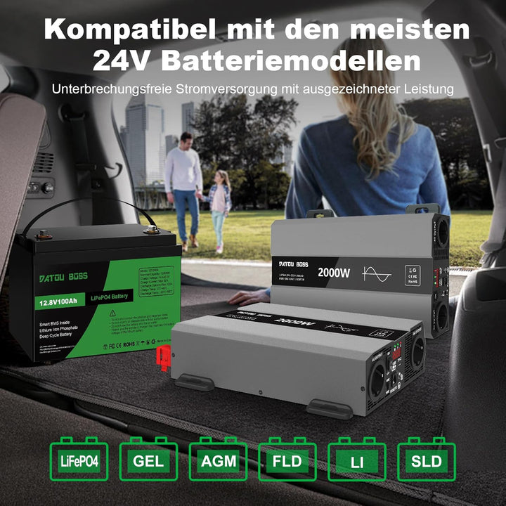 DATOUBOSS Wechselrichter 2000W 24V auf 230V, Reiner Sinus Spannungswandler, Power Inverter mit 2 AC-