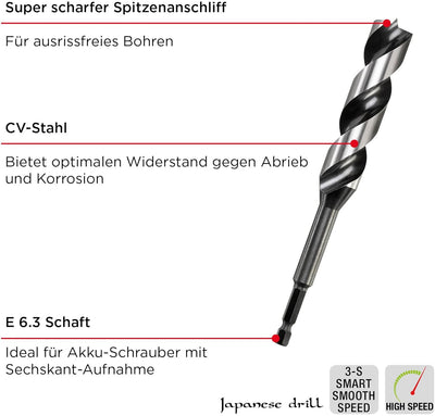 kwb 3-S Japan Schlangenbohrer ø 30 mm, 235 mm aus blankgeschliffenem CV-Stahl mit superscharfem Spit