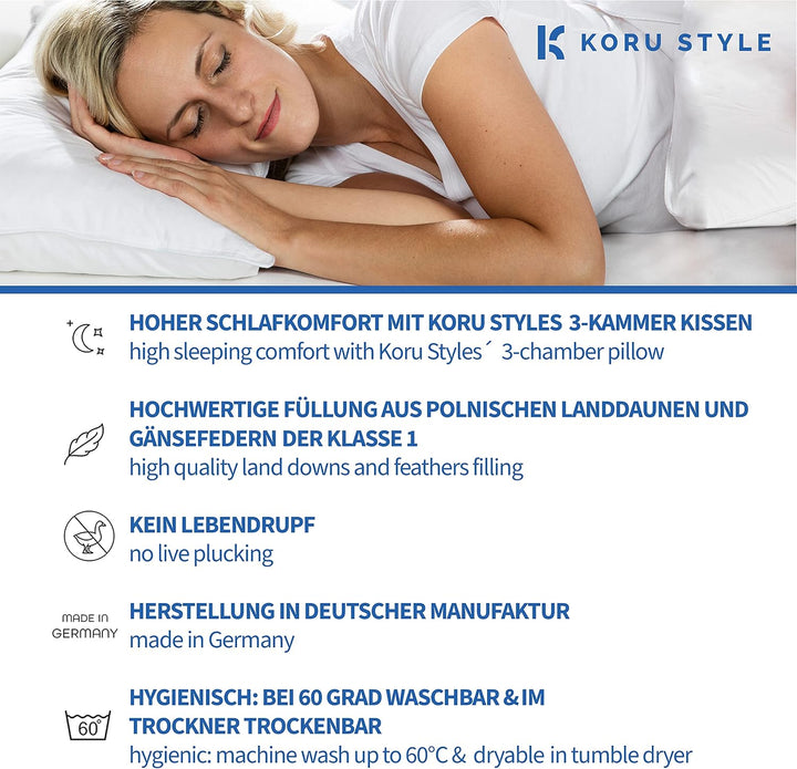 Koru Style Premium 3 Kammer Kopfkissen 40x80 – Grösse 40x80 cm - Federkissen Daunenkissen – Daunen u