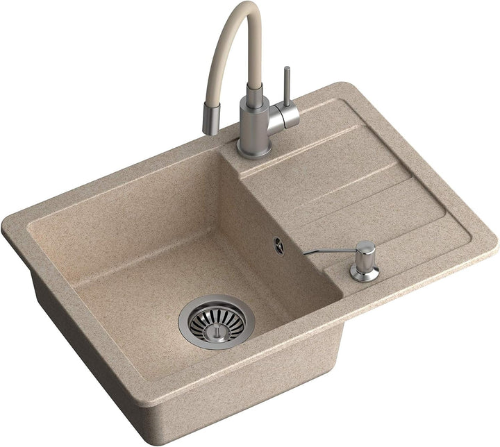 VBChome Spülbecken mit Armatur 62 x 44 cm Beige Granit Einzelbecken Einbauspüle gesprenkelt reversib